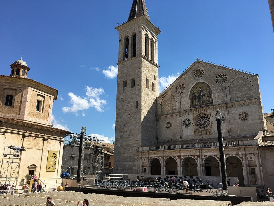 Festival dei Due Mondi stage set up in front of Spoleto Cathedral (Duomo di Spoleto), Italy